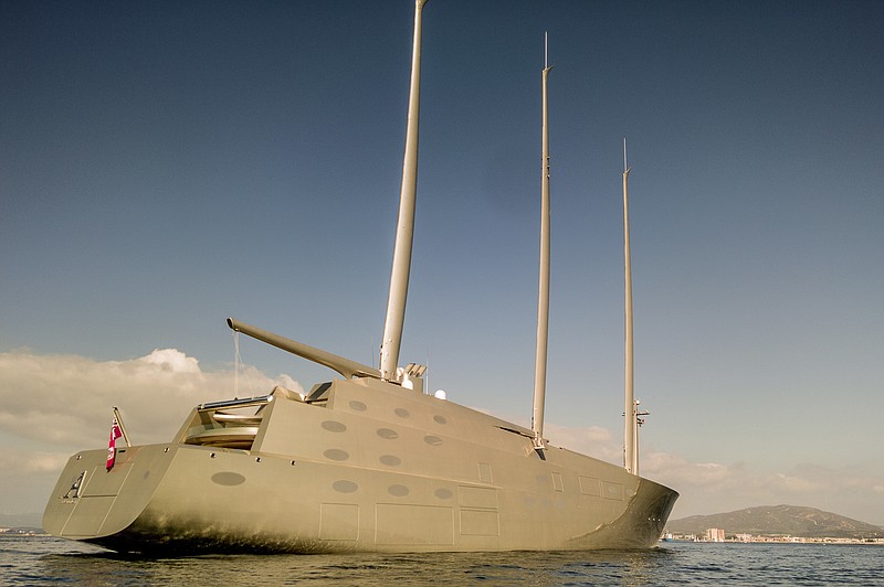 
              In this photo taken on Feb. 18, 2017, a large yacht floats in the bay of Gibraltar after being seized. Authorities in Gibraltar say they have seized one of the largest and most advanced superyachts in the world over an unsettled bill dispute between its owner and its German builder. The Gibraltar Chronicle newspaper reports that shipbuilder Nobiskrug claims 15.3 million euro ($16.2 million) in overdue payments for the 143-meter (468-foot) long Sailing Yacht A. (AP Photo/David Parody)
            