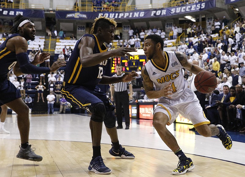 during the Mocs' basketball game against the ETSU Buccaneers at McKenzie Arena on Saturday, Feb. 18, 2017, in Chattanooga, Tenn. UTC fell to 10-5 in the SoCon following their 65-51 loss to ETSU.