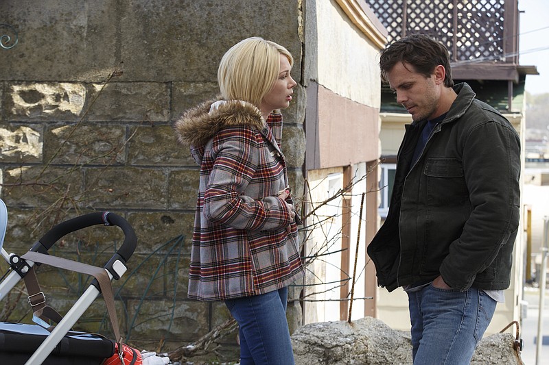 FILE - This image released by Roadside Attractions and Amazon Studios shows Michelle Williams, left, and Casey Affleck in a scene from "Manchester By The Sea." The film has been nominated for an Oscar for the best picture and best directing categories. Movie fans can watch a variety of Oscar-nominated flicks online from their couches for a fee. The films “Arrival” and “Hell or High Water” can be rented through Amazon, Google Play or Apple’s iTunes, but viewers will have to buy downloads of “Hacksaw Ridge,” “Manchester by the Sea” and “Moonlight.”  (Claire Folger/Roadside Attractions and Amazon Studios via AP, File)