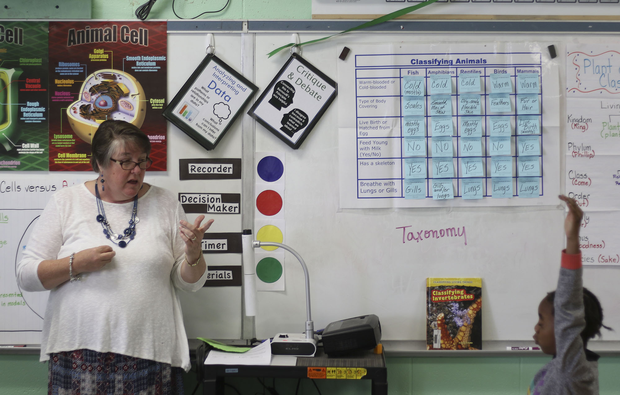 Staff Photo by Dan Henry / The Chattanooga Times Free Press- 2/21/17. Susan Dorsa calls on Sy'Taishia Eberhardt while teaching her fourth grade class about plant cell structure using the Science Sparks! curriculum which she helped develop. More than 80 teachers across the district were given nine weeks worth of science lessons and all the supplies they need to make them hands-on. This pilot is one of the ways Hamilton County Schools is working to better engage students and teachers.