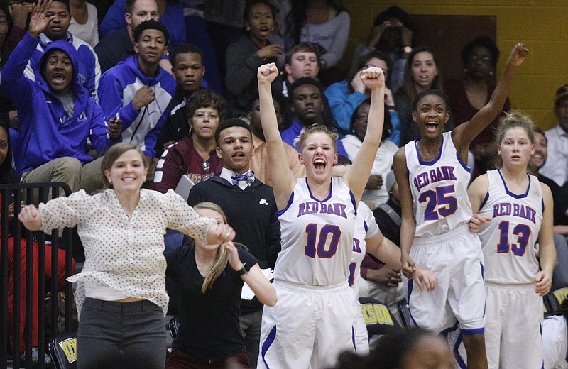 Red Bank's bench reacts as they win their 6-AA basketball tournament game 44-43 over Tyner at Hixson High School on Tuesday, Feb. 21, 2017, in Chattanooga, Tenn.