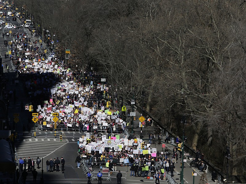 A rally against Donald Trump stretches a few blocks along Central Park West in New York, Monday, Feb. 20, 2017. Demonstrators unhappy with President Donald Trump's policies attended a "Not My Presidents Day" rally. (AP Photo/Seth Wenig)