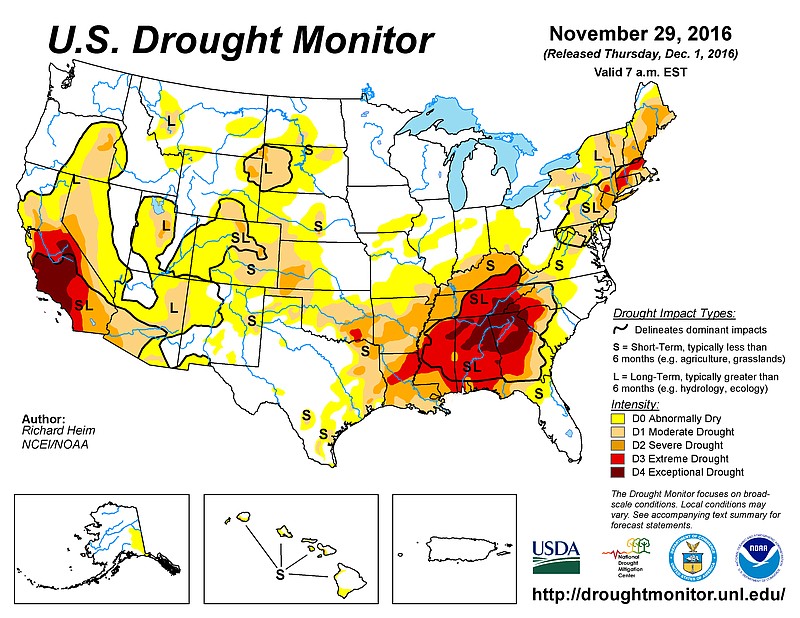 DROUGHT SCALE: The "D-scale" speaks to the "unusualness" of a drought episode. Over the long run, D1 conditions are expected to occur about 10 to 20 percent of the time. D4 is much rarer, expected less than 2 percent of the time. Source: National Oceanic and Atmospheric Administration