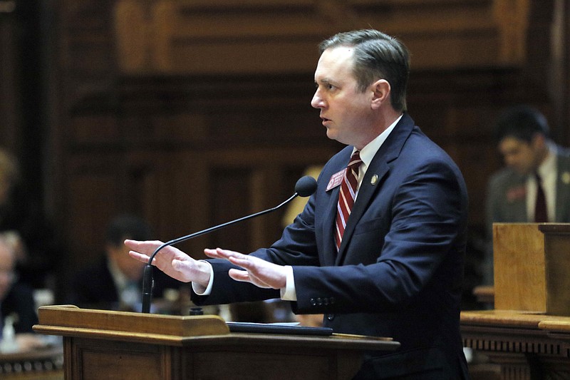 
              Rep. David Dreyer, D - Atlanta, speaks in opposition to HB 37 during a legislative session of the Georgia General Assembly, Wednesday, Feb. 22, 2017, in Atlanta. Chairman of the Appropriations: Higher Education Committee, Earl Ehrhart, R - Powder Springs, presented HB 37, under which private colleges and universities in Georgia could lose state funding if they declare themselves "sanctuary campuses." House Bill 37 would punish those schools that do not comply with state and federal immigration law. The bill passed and now goes to the Senate. (Bob Andres/Atlanta Journal-Constitution via AP)
            