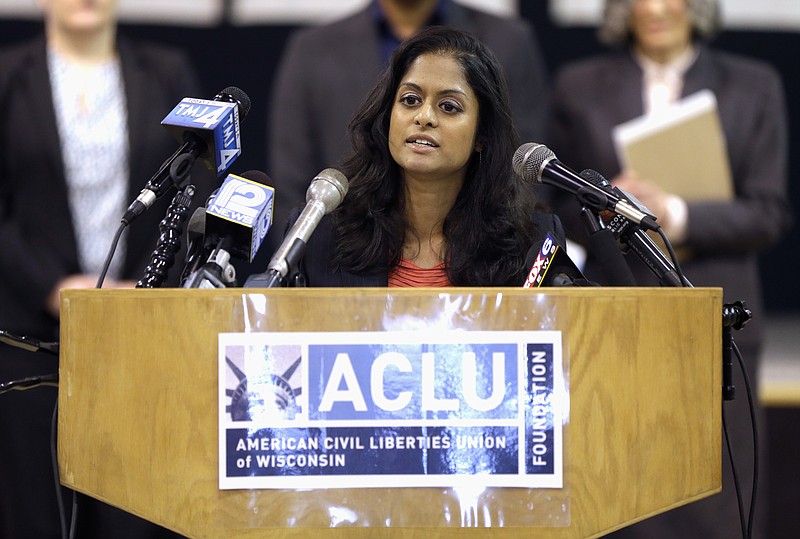 
              American Civil Liberties Union attorney Nusrat Choudhury speaks at a news conference in Milwaukee, Wednesday, Feb. 22, 2017, about a federal lawsuit the ACLU filed against the Milwaukee Police Department on behalf of six black and Latino plaintiffs who say they've been stopped once or multiple times since 2010 without a citation or clear explanation. The lawsuit alleges the Milwaukee Police Department’s stop-and-frisk program is citywide but is concentrated in areas largely populated by minorities. (Mike De Sisti/Milwaukee Journal Sentinel via AP)
            