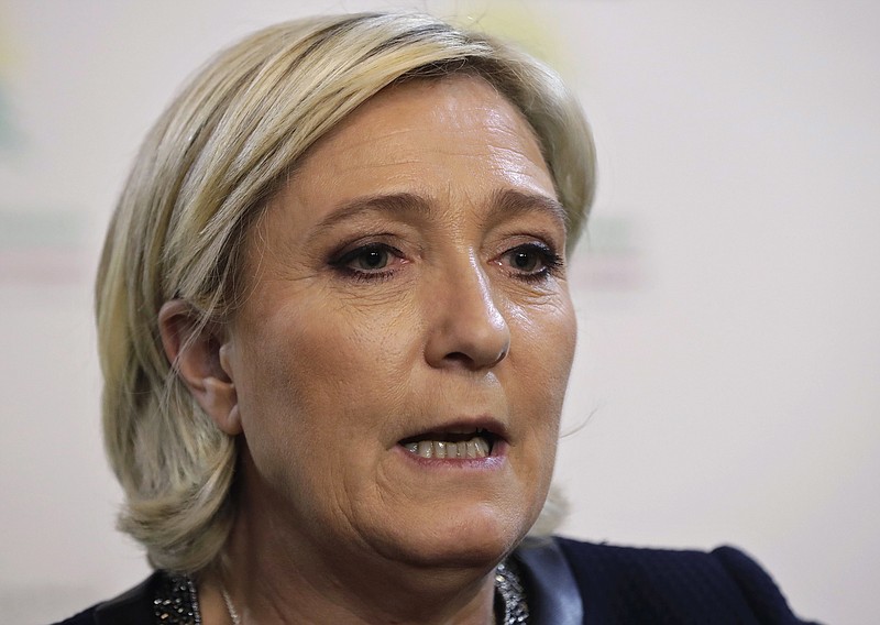
              French far right leader and presidential candidate Marine Le Pen speaks to journalists after her meeting with Lebanese foreign minister Gibran Bassil, in Beirut, Lebanon, Monday, Feb. 20, 2017. Le Pen has met with the president of Lebanon, saying their two countries should be "pillars" in organizing the fight against Islamic fundamentalism. Le Pen's National Front party claims Muslim immigration to France boosts terror risks, costs jobs and drains the nation's treasury. (AP Photo/Hussein Malla)
            