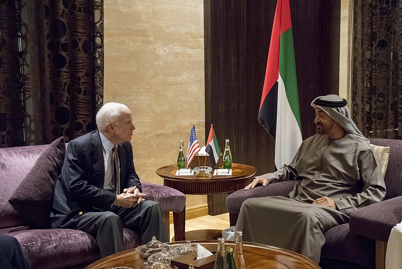
              In this Wednesday Feb. 22, 2017, photo released by Emirates News Agency, WAM, Sheikh Mohamed bin Zayed Al Nahyan Crown Prince of Abu Dhabi and Deputy Supreme Commander of the UAE Armed Forces, right, meets with John McCain, Senator of the United States of America and Chair of the Senate Armed Services Committee at Al Shati Palace, Abu Dhabi, United Arab Emirates. (Rashed Al Mansoori/Crown Prince Court via AP)
            