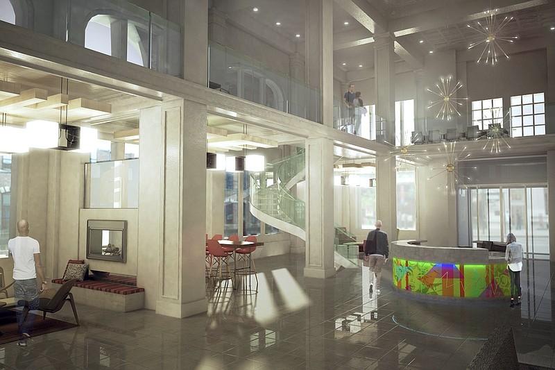 Rendering by Hefferlin + Kronenberg Architects / The inside of the Chattanooga Bank Building will be redone for the lobby of the proposed Aloft Hotel.