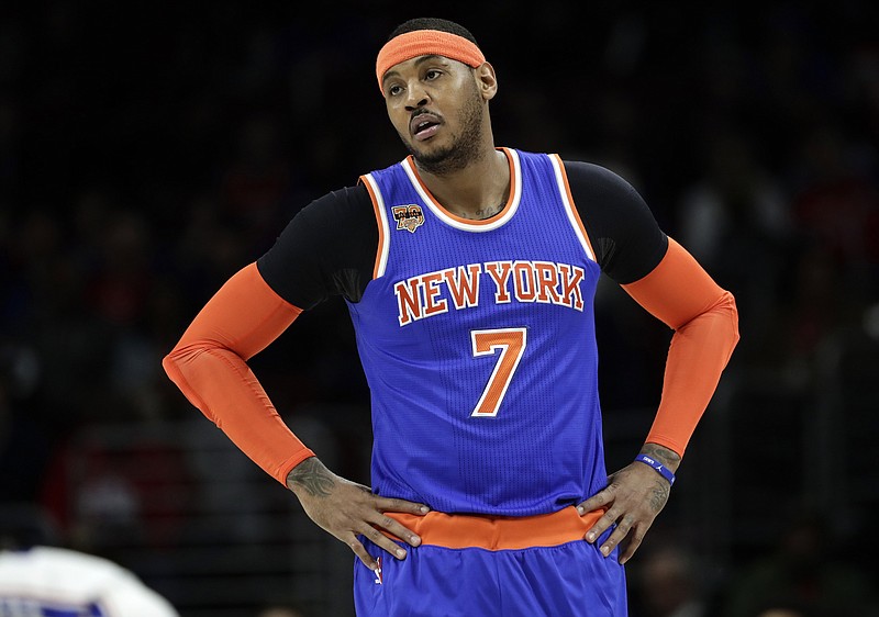 
              FILE - In this Jan. 11, 2017, file photo, New York Knicks' Carmelo Anthony looks on during a break in an NBA basketball game against the Philadelphia 76ers in Philadelphia. Phil Jackson has made his relationship with Anthony worse and hasn’t made the Knicks better. Heading into the trade deadline and nearly three years since he was hired, there are questions if the guy who could do little wrong as a record-setting coach will ever get it right as an executive.  (AP Photo/Matt Slocum, File)
            