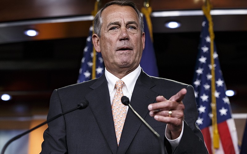 
              FILE - In this Feb. 26, 2015 file photo, then-House Speaker John Boehner of Ohio speaks during a news conference on Capitol Hill in Washington. Boehner predicted on Thursday, Feb. 23, 2017, that a full repeal and replacement of “Obamacare” is “not going to happen.”  (AP Photo/J. Scott Applewhite)
            