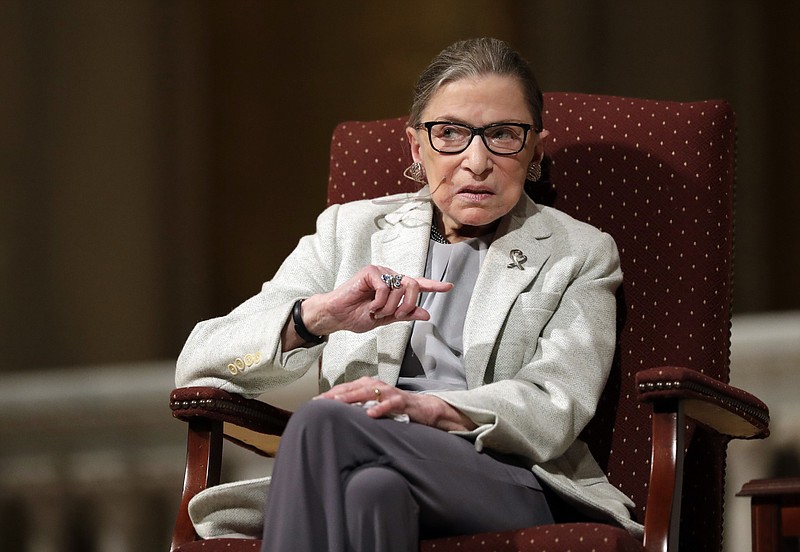 
              FILE - In this Feb. 6, 2017 file photo, Supreme Court Justice Ruth Bader Ginsburg speaks at Stanford University in Stanford, Calif. Ginsburg is praising the media at a time when the Trump administration has accused reporters of being dishonest and delivering “fake news.” (AP Photo/Marcio Jose Sanchez, File)
            