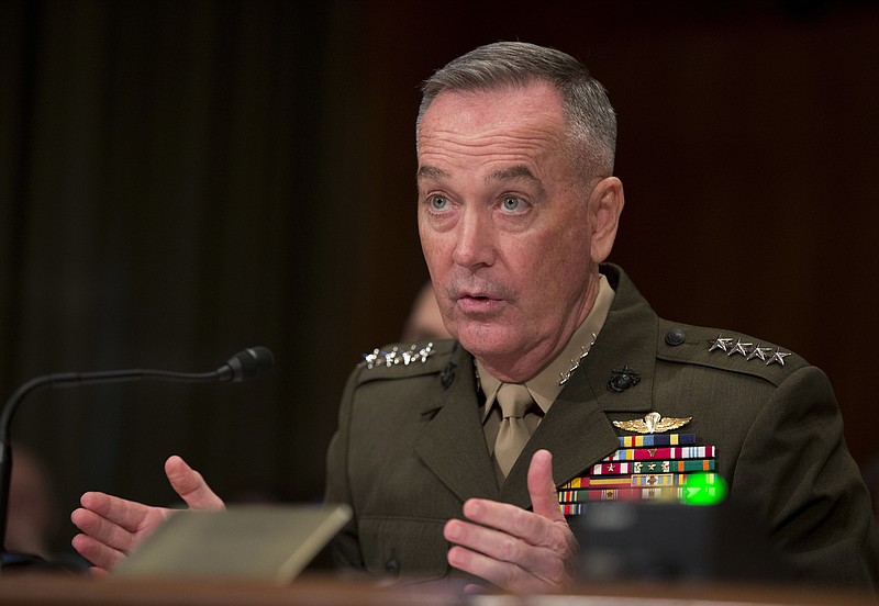 
              FILE - In this April 27, 2016 file photo, Joint Chiefs Chairman Gen. Joseph Dunford Jr. testifies on Capitol Hill in Washington. Dunford said Thursday, Feb. 23, 2017, a Pentagon-led review of strategy for defeating the Islamic State group will present President Donald Trump with options not just to speed up the fight against IS but also to combat al-Qaida and other extremist groups beyond Iraq and Syria.  (AP Photo/Manuel Balce Ceneta, File)
            