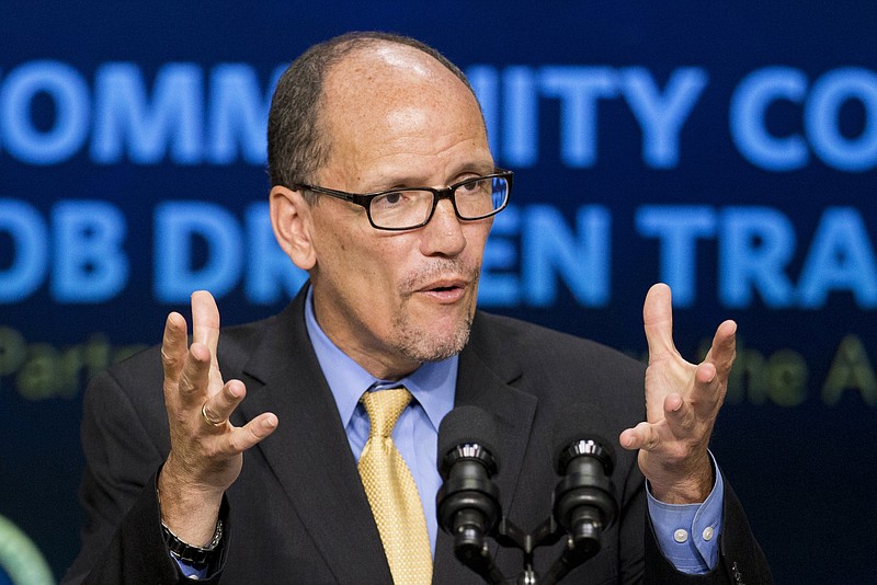
              FILE - In this Sept. 29, 2014 file photo, then-Labor Secretary Tom Perez speaks in the South Court Auditorium in the White House compound in Washington. South Carolina Democratic Party chair Jaime Harrison is exiting the race for Democratic National Committee chairman and throwing his support to Perez, solidifying the former Labor Secretary’s place as the front-runner in the still-volatile contest. (AP Photo/Manuel Balce Ceneta, File)
            