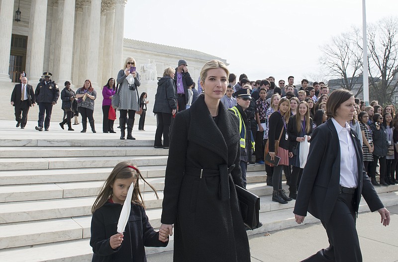 
              Ivanka Trump, daughter of President Donald Trump, and her daughter Arabella Kushner walk down the steps of the Supreme Court in Washington, Wednesday, Feb. 22, 2017. Trump attended the court session at the encouragement of Justice Anthony Kennedy, who extended her an invitation when they met at the inauguration lunch.  (AP Photo/Molly Riley)
            