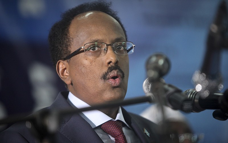 
              Somalia's President Mohamed Abdullahi Mohamed speaks at his inauguration ceremony in Mogadishu, Somalia, Wednesday, Feb. 22, 2017. Somalia's new leader, who also holds U.S. citizenship, was inaugurated Wednesday while promising to restore dignity to the troubled Horn of Africa nation but warning it will take another two decades to "fix" the country. (AP Photo/Farah Abdi Warsameh)
            