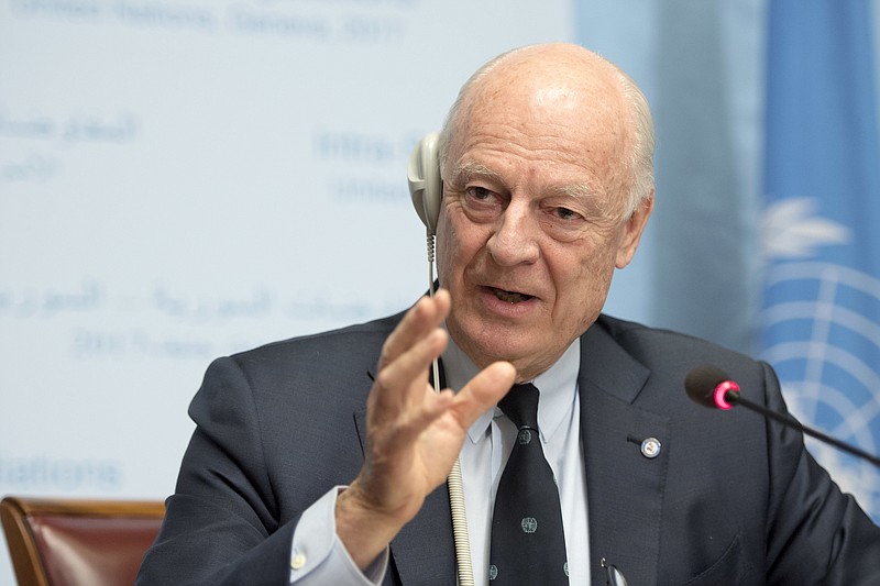 
              UN Special Envoy of the Secretary-General for Syria Staffan de Mistura informs the media one day before the resumption of the negotiation between the Syrian government and the opposition, at the European headquarters of the United Nations in Geneva, Switzerland, on Wednesday, Feb. 22, 2017. Martial Trezzini/Keystone via AP)
            