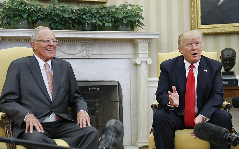 
              President Donald Trump meets with Peruvian President Pedro Pablo Kuczynski in the Oval Office of the White House in Washington, Friday, Feb. 24, 2017. (AP Photo/Pablo Martinez Monsivais)
            