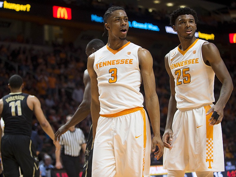 Tennessee's Robert Hubbs III (3) and Shembari Phillips (25) react to a call during the Vols' 67-56 loss to Vanderbilt on Wednesday in Knoxville.