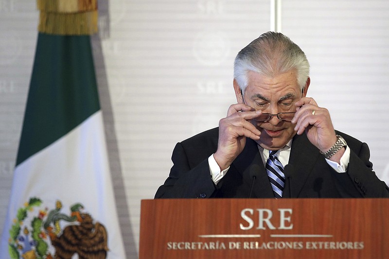 
              Secretary of State Rex Tillerson speaks at the Ministry of Foreign Affairs in Mexico City, Mexico, Thursday, Feb. 23, 2017, following a meeting with Mexico's Foreign Secretary Videgaray.  (Carlos Barria/Pool Photo via AP)
            