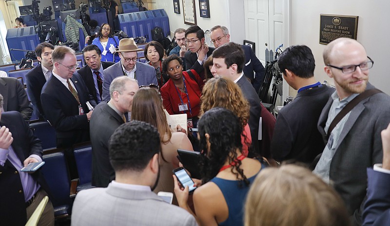 
              Reporters line up in hopes of attending a briefing in Press Secretary Sean Spicer's office at the White House in Washington, Friday, Feb. 24, 2017. White House held an off camera briefing in Spicer's office, where they selected who could attend. (AP Photo/Pablo Martinez Monsivais)
            