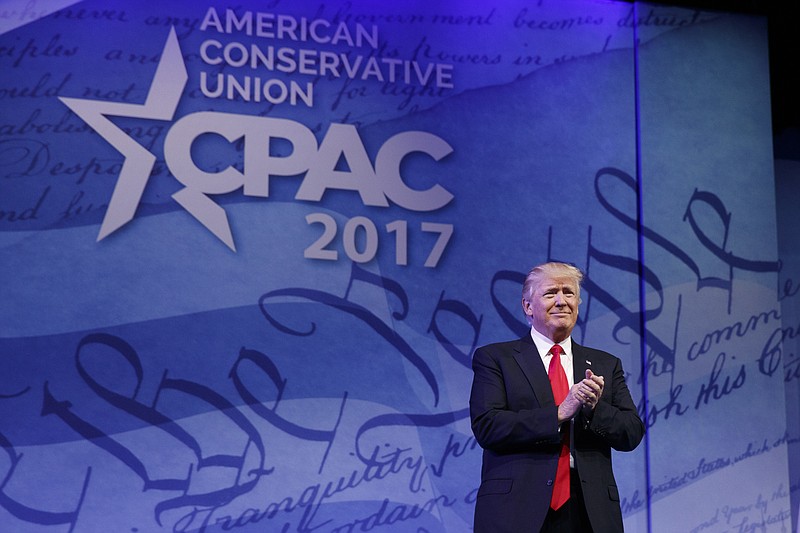 
              President Donald Trump arrives to speak at the Conservative Political Action Conference (CPAC), Friday, Feb. 24, 2017, in Oxon Hill, Md. (AP Photo/Evan Vucci)
            