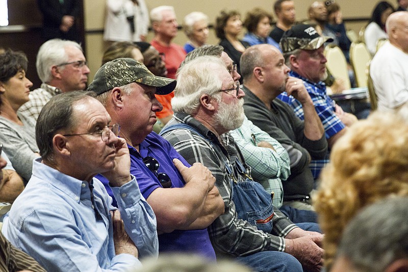 
              Community members attend a town hall with Gov. Bill Haslam in Algood, Tenn., on Thursday, Feb. 23, 2017, to discuss his proposal to boost transportation funding in Tennessee in large part through a hike in gas and diesel taxes. (AP Photo/Erik Schelzig)
            