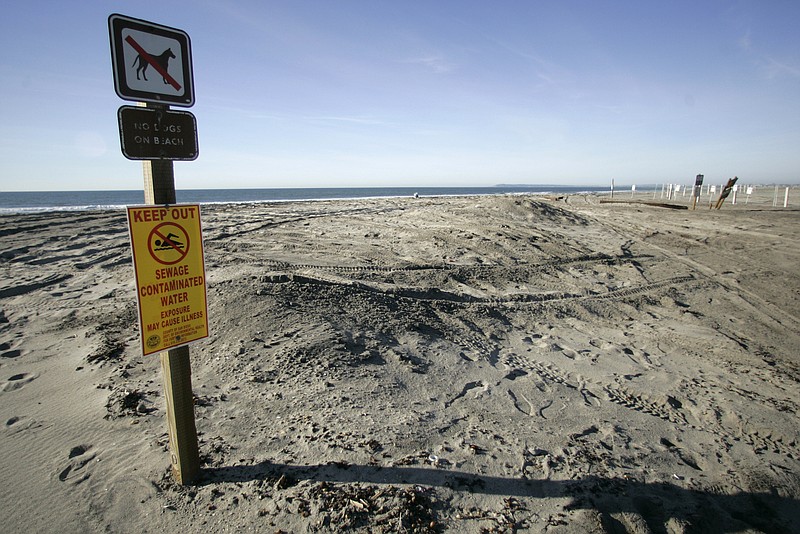 
              FILE - In this Dec. 23, 2007, file photo, the beaches adjacent to the Tijuana Estuary are posted with signs declaring them unsafe due to pollution that flows through the estuary after feeding in from Tijuana, Mexico in Imperial Beach, Calif.  Officials in California are crying foul after more than 140 million gallons of raw sewage spilled into the Tijuana River in Mexico and flowed into the U.S. for more than two weeks. A report released Friday, Feb. 24, 2017,  by the International Boundary and Water Commission says the spill was caused Feb. 2 by an apparent rupture in a sewage collector pipe and wasn't contained until Thursday.  (AP Photo/Lenny Ignelzi, File)
            