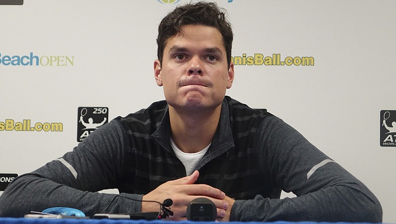 
              Milos Raonic, of Canada, speaks during a news conference at the Delray Open tennis tournament in Delray Beach, Fla., Sunday, Feb. 26, 2017. Raonic pulled out of the final against Jack Sock because of an injury. (Joe Cavaretta/South Florida Sun-Sentinel via AP)
            