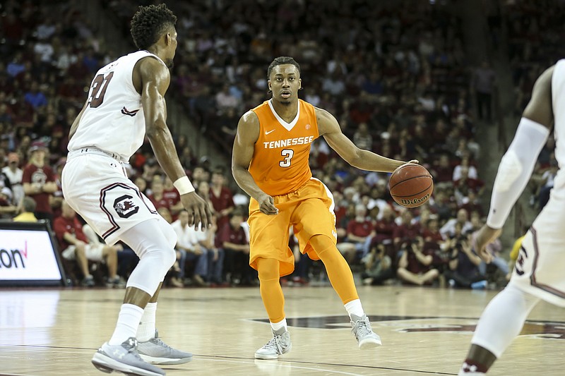 Tennessee's Robert Hubbs III looks to drive during the Vols' game at South Carolina on Feb. 25, 2017. The Gamecocks won 82-55. (Photo By Craig Bisacre/Tennessee Athletics)