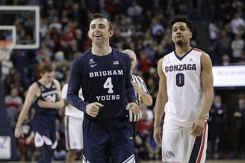 
              BYU guard Nick Emery (4) smiles near the end of the second half of the team's NCAA college basketball game against Gonzaga in Spokane, Wash., Saturday, Feb. 25, 2017. BYU won 79-71. (AP Photo/Young Kwak)
            