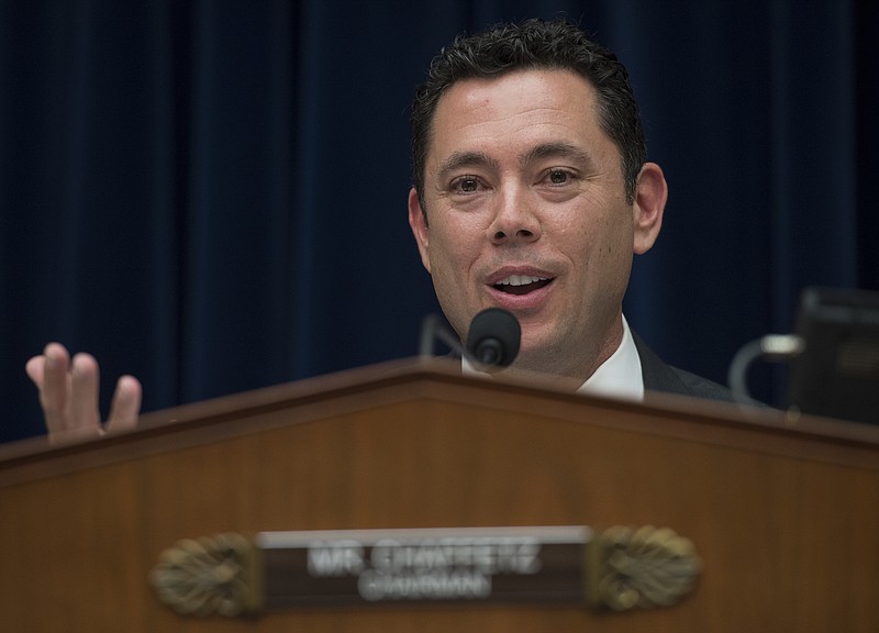 
              FILE - In this Sept. 8, 2016 file photo, House Oversight and Government Reform Committee Chairman Rep. Jason Chaffetz, R-Utah speaks on Capitol Hill in Washington. According to an Interior Department inspector general report released Monday, Feb. 27, 2017, The department's law enforcement director "demonstrated a pattern of unprofessional behavior" by touching and hugging female employees and making flirtatious remarks.  (AP Photo/Molly Riley, File)
            