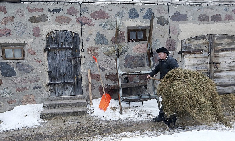 
              In this photo taken Feb. 13, 2017, Witold Pogorzelski carries hay for his cows, in Kobylin-Borzymy, eastern Poland. Witold and his wife Barbara are among those who voted for the populist Law and Justice party. Months before Britain voted to leave the European Union or the United States elected President Donald Trump, Poles booted out their own political establishment, a pro-business and pro-European party, Civic Platform, which had governed for eight years. (AP Photo/Czarek Sokolowski)
            