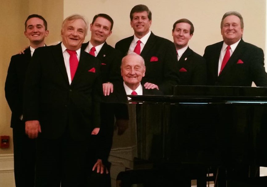 Martin Cook, seated at the piano, founded The Inspirations in 1964 when he recruited current and former students to sing (he was a high school chemistry teacher in Bryson City, N.C.). Cook was inducted into the Southern Gospel Music Association Hall of Fame in 2003.