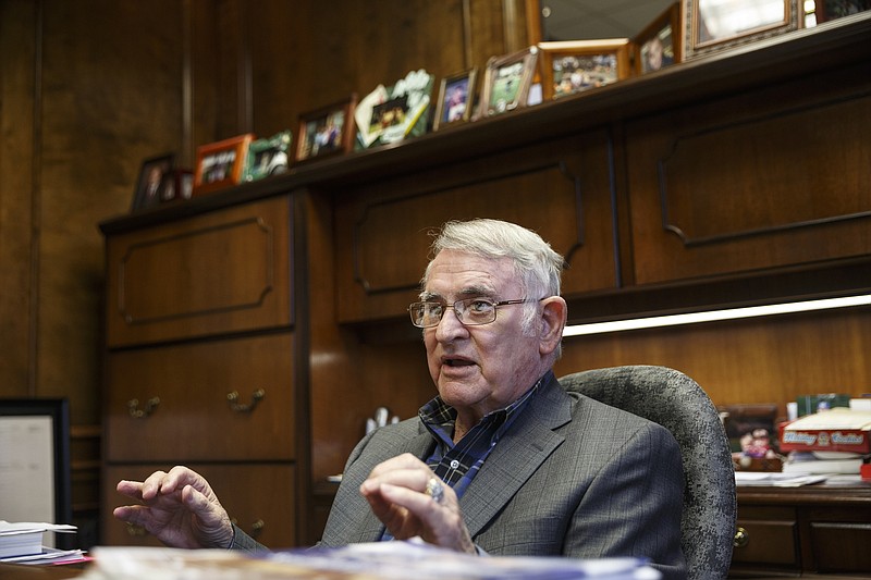 Staff photo by Doug Strickland / CEO Lloyd Rogers talks in his office at Wholesale Supply Group in Cleveland, Tenn. Rogers has worked 59 years at the company.