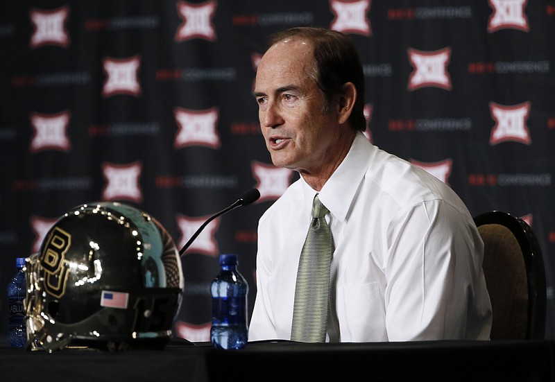 
              FILE - In this July 21, 2015, file photo, Baylor coach Art Briles addresses attendees at the NCAA college Big 12 Conference football media days in Dallas. Texas’ top law enforcement agency has opened a preliminary investigation into Baylor University and how it handled reports of sexual and physical assault over several years. The Texas Rangers confirmed Wednesday, March 1, 2017, they are working with the McLennan County prosecutor’s office to “determine if further action is warranted.” Baylor fired Briles in 2016 and demoted former President and Chancellor Ken Starr, who later resigned. Former athletic director Ian McCaw also resigned and is now at Liberty University in Virginia. (AP Photo/Tony Gutierrez, File)
            