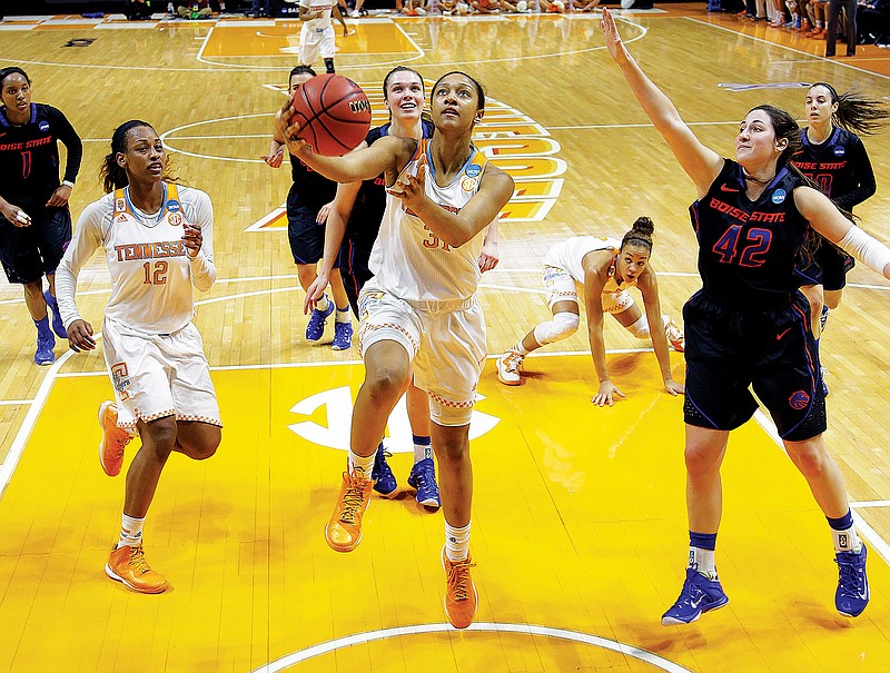 Tennessee's Jaime Nared (31) shoots ahead of Boise State's Kayla Reinhart (42) in a game in Knoxville. The Lady Vols are hot going into the SEC tournament.