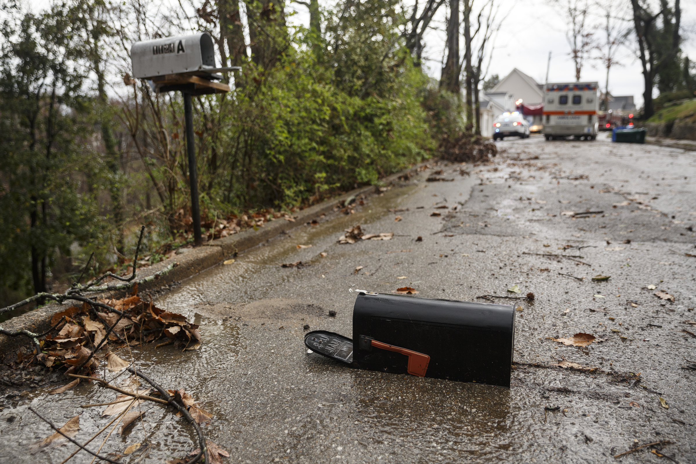 Wind removed a mailbox from its stand on Westwood Avenue on Wednesday, March 1, 2017, in Chattanooga, Tenn. Severe storms swept through the region Wednesday afternoon.