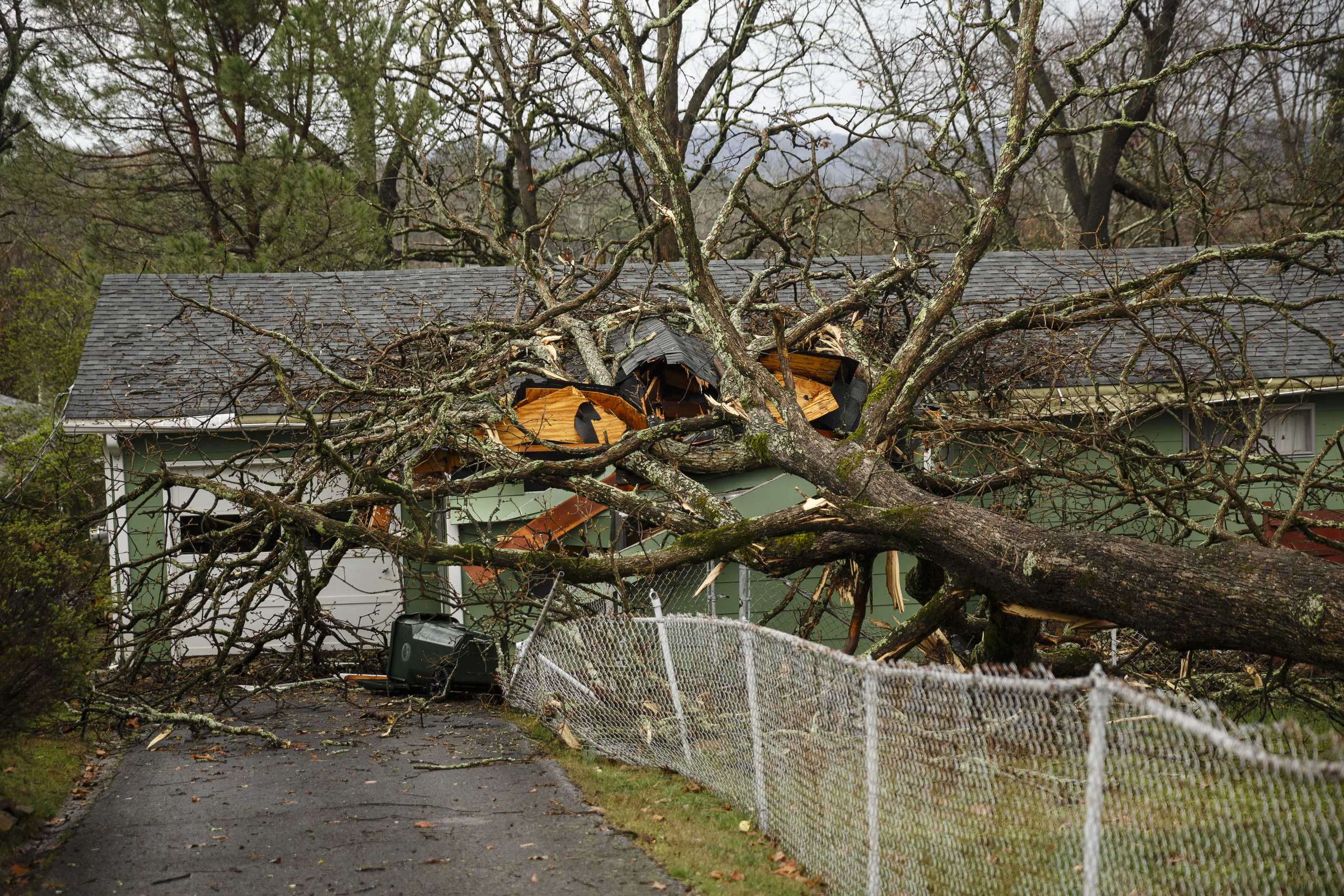 A tree fell onto a home between Westwood Avenue and Highland Drive on Wednesday, March 1, 2017, in Chattanooga, Tenn. Severe storms swept through the region Wednesday afternoon.