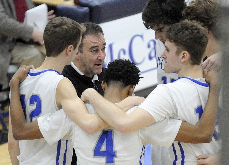 McCallie basketball coach John Shulman, huddled with players, believes his team should be mentally prepared for the atmosphere of a state tournament game. McCallie takes on MBA this afternoon in the Division II-AA quarterfinals at Lipscomb University in Nashville.