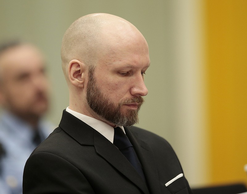 
              FILE - A  Thursday Jan. 12, 2017 photo from files showing Anders Behring Breivik, as he sits in court on the third day of the appeal case in Borgarting Court of Appeal at Telemark prison in Skien, Norway. The Borgarting Court of Appeal says Brevik, serving a 21-year sentence for killing 77 people in a 2011 bomb-and-shooting rampage, "has not been subjected to torture or inhuman or degrading treatment." (Lise Aaserud /NTB Scanpix via AP, File)
            