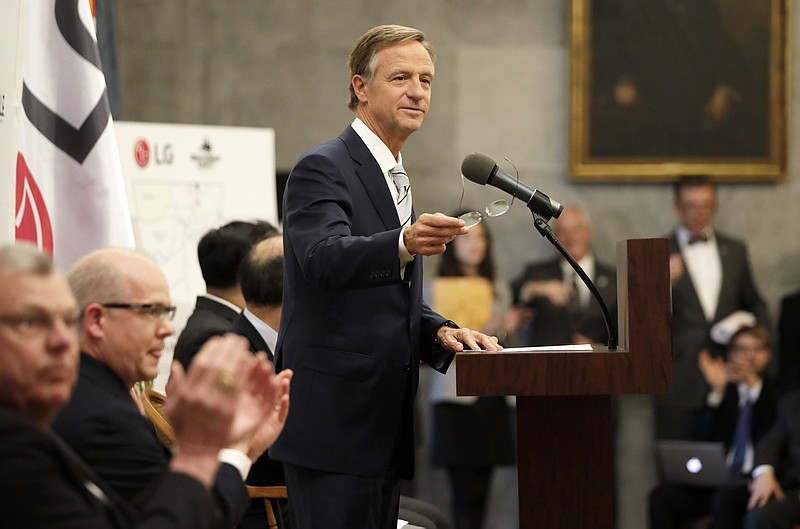 
              Tennessee Gov. Bill Haslam speaks during an announcement Tuesday, Feb. 28, 2017, in Nashville, Tenn. It was announced that South Korean appliance maker LG Electronics Inc. has selected Clarksville, Tenn., as the site for its washing machine plant in the United States. The 829,000-square-foot facility is projected to cost $250 million and create 600 new jobs. (AP Photo/Mark Humphrey)
            