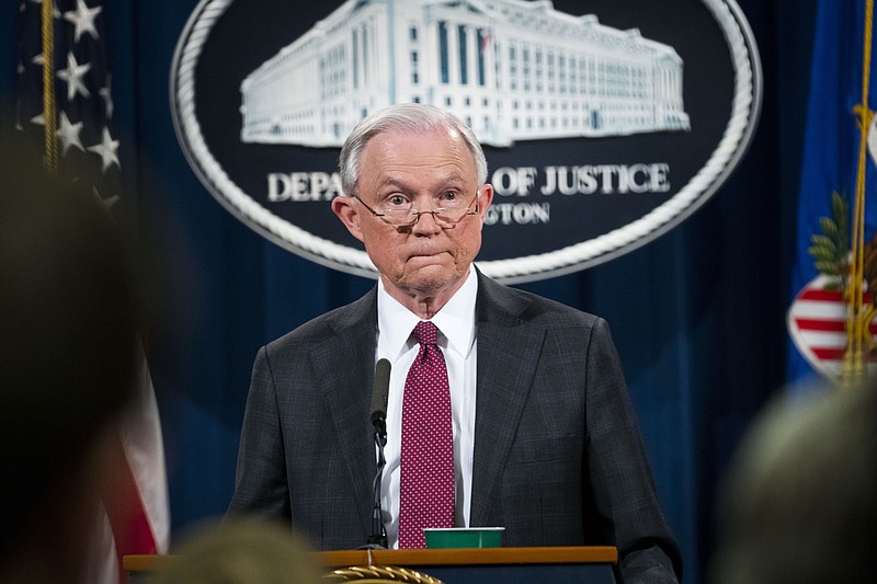 Attorney General Jeff Sessions during a Thursday news conference at the Department of Justice in Washington. Sessions announced his recusal from overseeing an investigation into contacts between the Trump campaign and the Russian government. (Doug Mills/The New York Times)