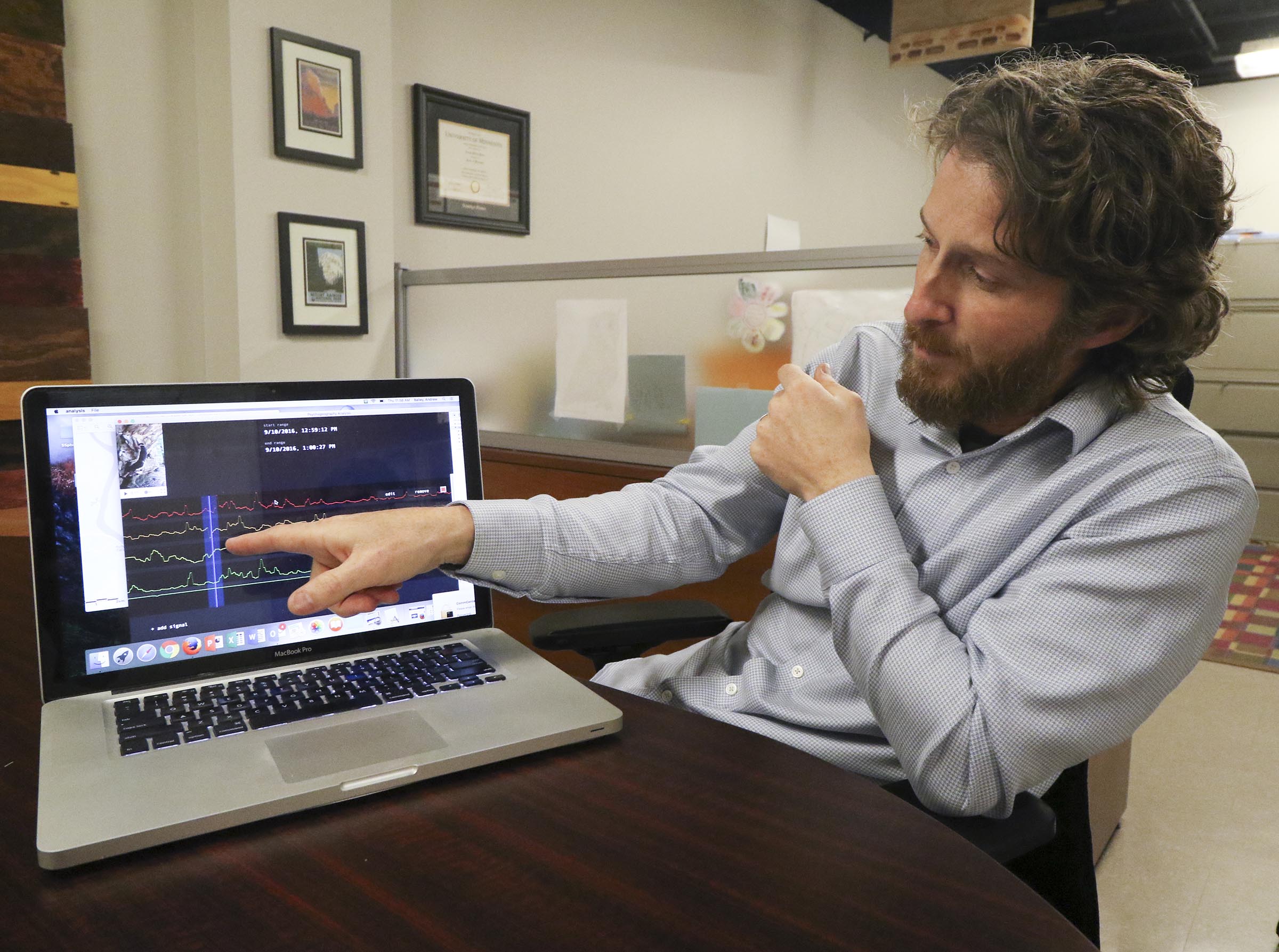 Staff Photo by Dan Henry / The Chattanooga Times Free Press- 2/23/17. Dr. Andrew Bailey and Alex Cruikshank (not pictured) speak about a brain-monitoring program that are using EMOTIV headsets to livestream athletes brainwaves.