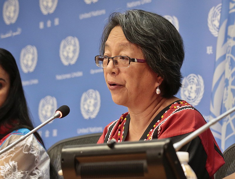
              FILE - In this May 17, 2016, file photo, Victoria Tauli-Corpuz, U.N. Special Rapporteur on the Rights of Indigenous Peoples, speaks at a news conference at U.N. headquarters. Tauli-Corpuz, who recently visited North Dakota in the wake of months of protests over the Dakota Access pipeline, says the concerns and rights of Native Americans haven't been adequately addressed. (AP Photo/Bebeto Matthews, File)
            