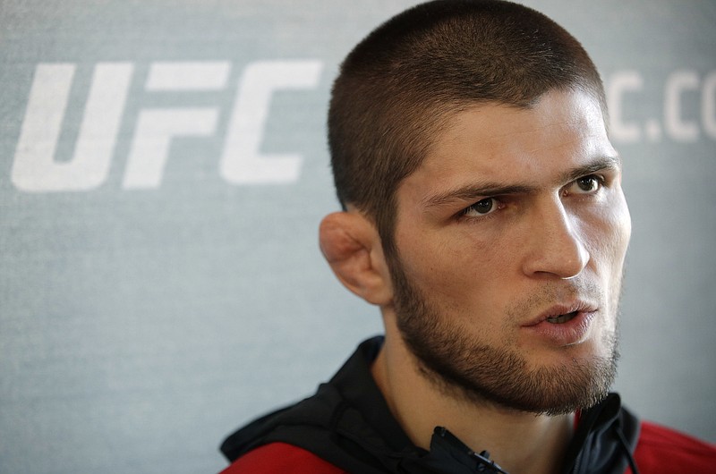 
              Khabib Nurmagomedov, of Russia, speaks with the media during a news conference for UFC 209, Thursday, March 2, 2017, in Las Vegas. Nurmagomedov is scheduled to battle Tony Ferguson in a mixed martial arts lightweight fight Saturday in Las Vegas. (AP Photo/John Locher)
            