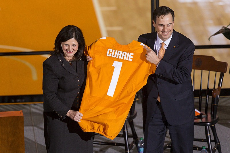 KNOXVILLE, TN - MARCH 02, 2017 - Chancellor Dr. Beverly Devenport welcomes John Currie as University of  Tennessees's new Vice Chancellor and Director of Athletics at Thompson-Boling Arena in Knoxville, TN. Photo By Craig Bisacre/Tennessee Athletics