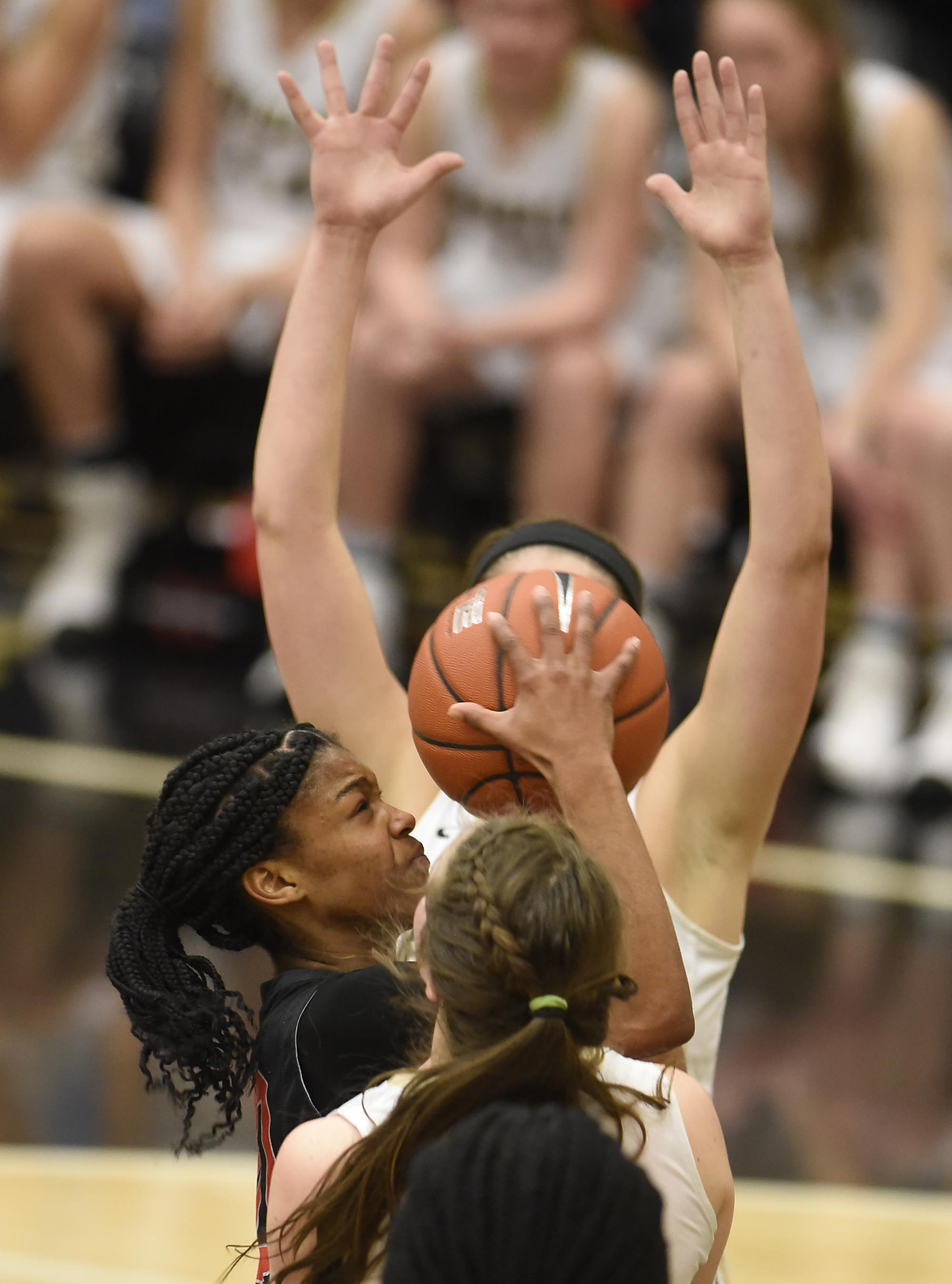 Stewart Creek's Lauren Flowers (20) takes a shot under the basket. The Stewarts Creek Red Hawks visited the Bradley Central Bears in TSSAA girls sub state basketball action on March 4, 2017.