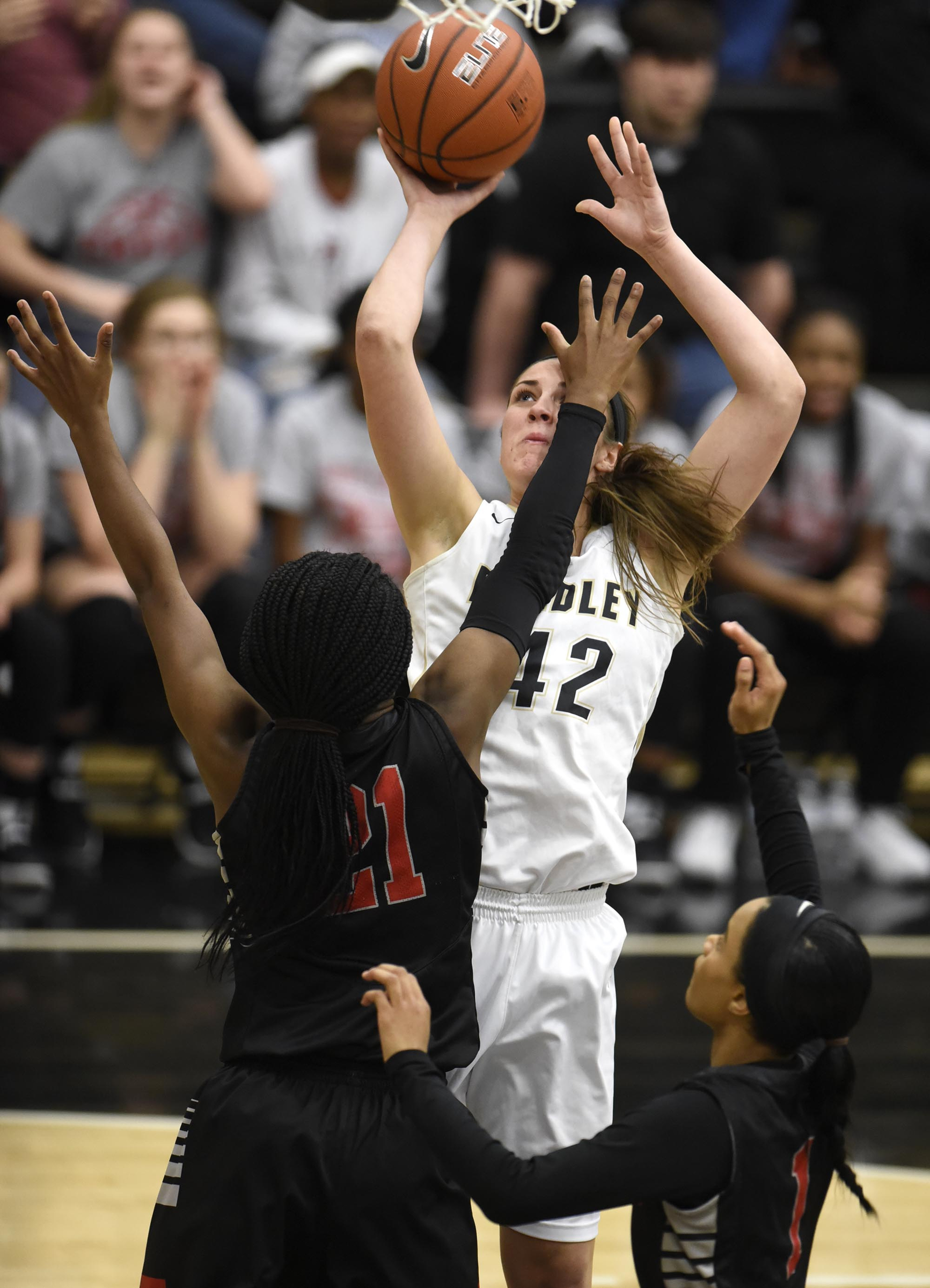 Bradley's Kailey McRee (42) pulls up for a jump shot. The Stewarts Creek Red Hawks visited the Bradley Central Bears in TSSAA girls sub state basketball action on March 4, 2017.
