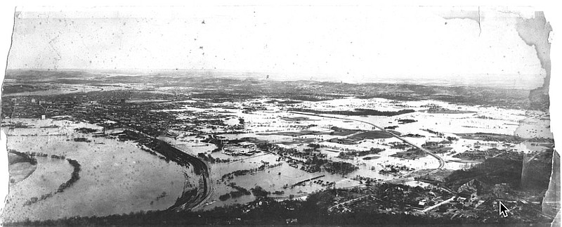 The flood from Lookout Mountain, with Cameron Hill at left. Most of the flatlands south of downtown are flooded.