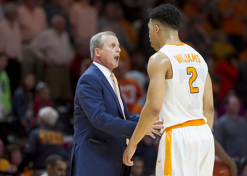 Tennessee men's basketball coach Rick Barnes talks with freshman standout Grant Williams during Saturday's home win against Alabama. Williams finished with 16 points, 10 rebounds and three blocks.